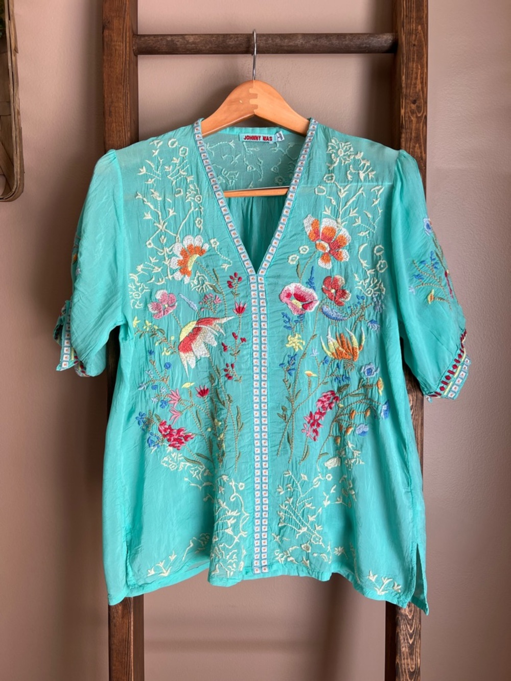 Johnny Was Turquoise Embroidered V-Neck Tunic - Picture 2 of 9